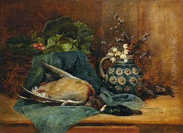 Stillleben Mit Stockente, Gemuse Und Blumen Oil Painting by Ludwig Eibl