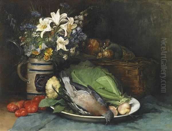 Variastilleben Mit Einem Bouquet Von Sommerblumen Und Pilzen Sowie Verschiedenen Gemusen Und Einem Singvogel, Auf Einem Tische Drappiert Oil Painting by Ludwig Eibl