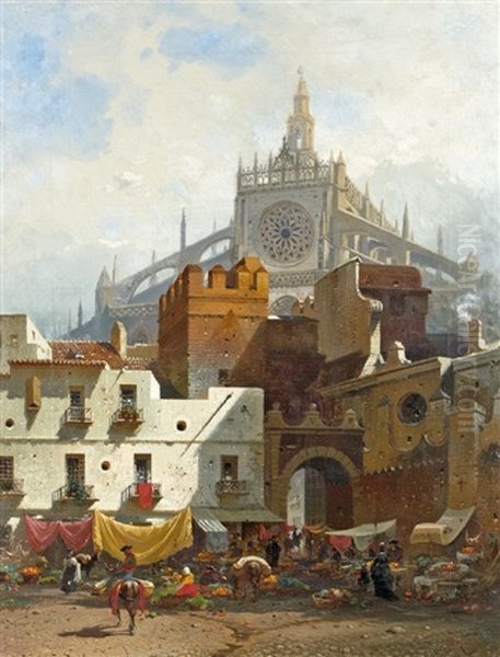 At The Cathedral Of Sevilla Oil Painting by Friedrich Eibner