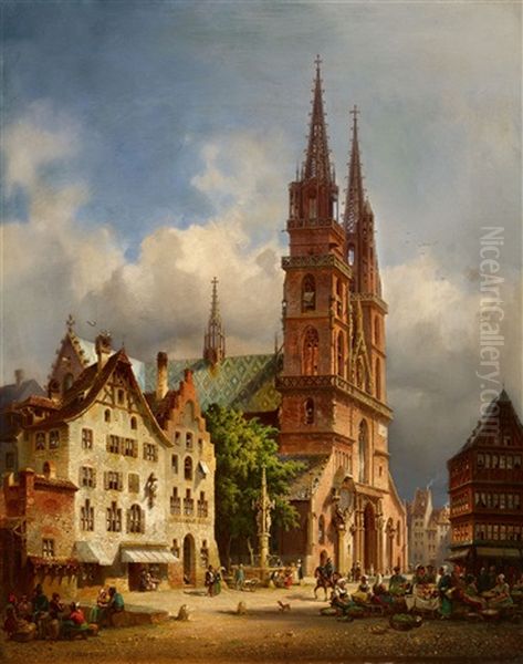 View Of Basel Minster Oil Painting by Friedrich Eibner