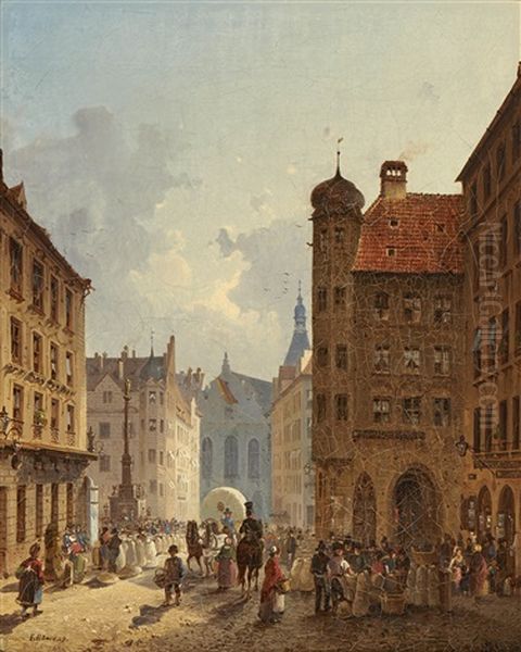 Munchen - Blick Von Der Kaufingerstrase Auf Das Alte Rathaus Oil Painting by Friedrich Eibner