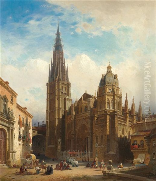 View Of Toledo Cathedral With Corpus Christi Procession Oil Painting by Friedrich Eibner