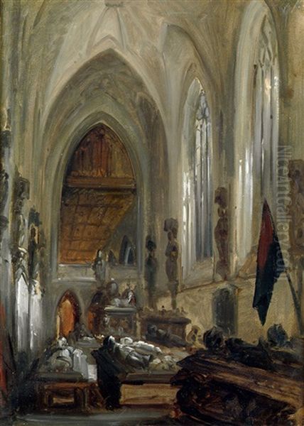 Die Gruft Der Herzoge Von Wurttemberg (+ Blick In Einen Kirchenraum Mit Empore Und Kruzifix , Black And White Chalk, Verso) Oil Painting by Friedrich Eibner