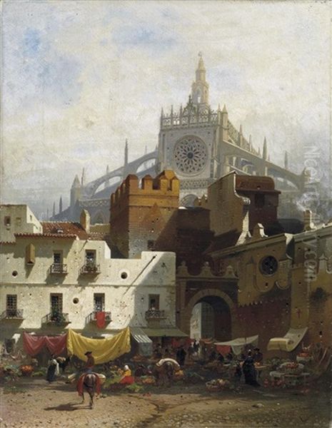 Sevilla. Markttreiben Auf Einem Platz Vor Den Toren Zur Altstadt Oil Painting by Friedrich Eibner