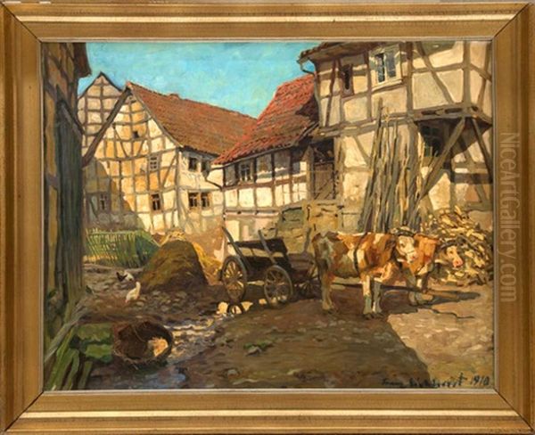 Fuhrwerk Mit Kuhen Auf Einem Gutshof Oil Painting by Franz Eichhorst