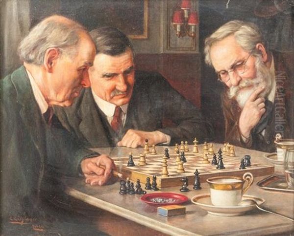 A Chess Match Oil Painting by Erwin Eichinger