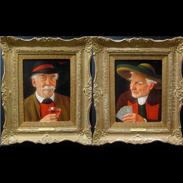 Tyrolean Toast; The Winning Hand (pair) Oil Painting by Erwin Eichinger