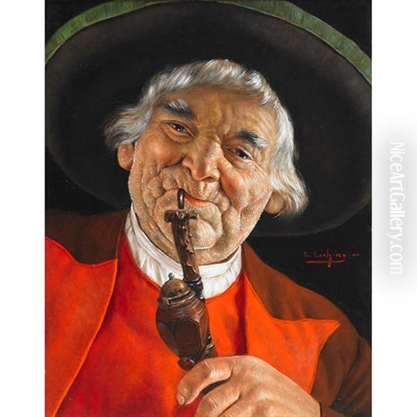 Tyrolean Smoking His Pipe (+ Tyrolean Enjoying A Good Vintage; Pair) Oil Painting by Erwin Eichinger