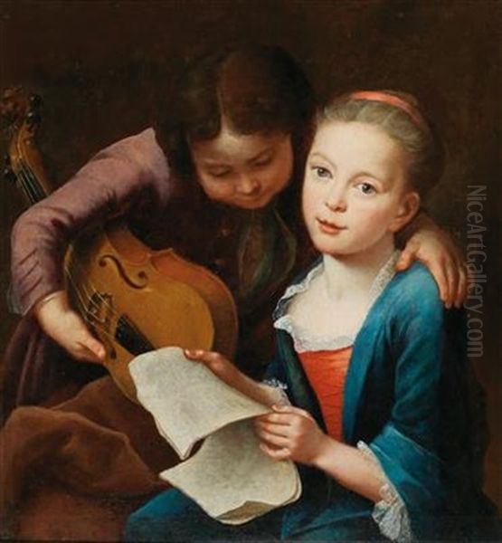 Two Children Making Music Oil Painting by Gottfried Eichler the Elder