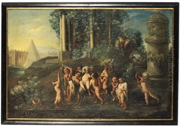 Putti In A Landscape, Ruins Beyond Oil Painting by Johann Conrad Eichler