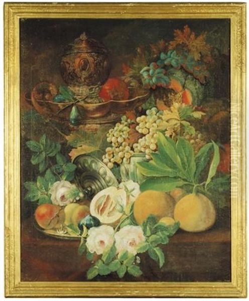 A Still Life Of Flowers, Fruit And Silver On A Ledge (+ Another, Similar; Pair) Oil Painting by Johann Conrad Eichler