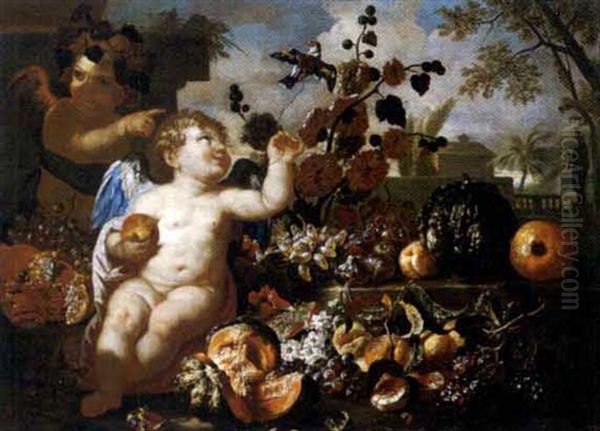 Natura Morta Di Frutta Con Due Putti Oil Painting by Johann Conrad Eichler