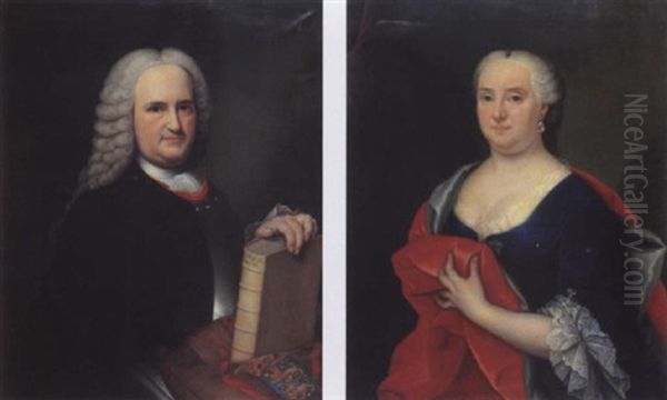 Portrait Of Johan Van Nispen, In A Black Coat, Grey Vest, Lace Collar And Wig; Portrait Of Petronella Susanna Cabeljau In A Blue Velvet Dress With White-lined Red Wrap Oil Painting by Joseph Ignaz Eichler