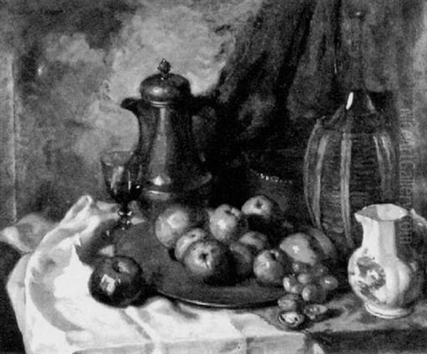 Stilleben Mit Apfeln, Weinkrug Und Korbflasche Oil Painting by Helmut Eichrodt