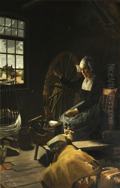 A Young Woman Spinning Yarn In A Cottage Oil Painting by Rudolf Eichstaedt