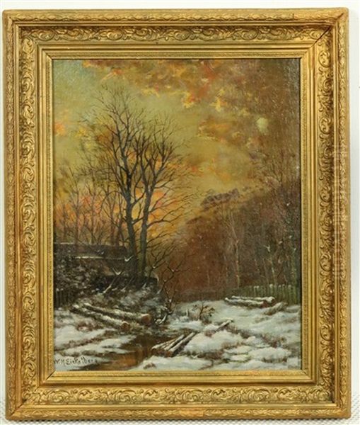 Boerderij In Het Bos Bij Ondergaande Zon In De Winter Oil Painting by Willem Hendrick Eickelberg