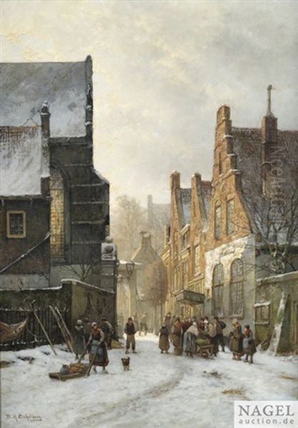 Reges Treiben In Einer Winterlichen Altstadtgasse Oil Painting by Willem Hendrick Eickelberg