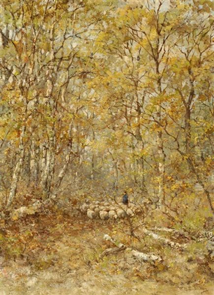 Shepherd With His Sheep In A Birch Forest Oil Painting by Willem Hendrick Eickelberg