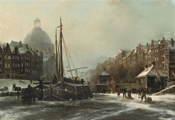 Winterdag: On The Frozen Singel, Amsterdam Oil Painting by Willem Hendrick Eickelberg