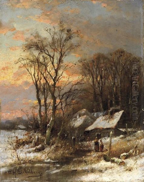 Winterabend Vor Einer Bauernkate Am Waldesrand. Eickelberg Oil Painting by Willem Hendrick Eickelberg