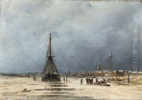 A Winter Day On The Maas Near Rotterdam Oil Painting by Willem Hendrick Eickelberg