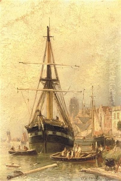 A Busy Day In The Harbour Of Dordrecht Oil Painting by Willem Hendrick Eickelberg