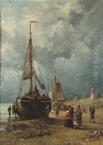 Hollandische Kustenlandschaft Mit Fischern Und Segelbooten Oil Painting by Willem Hendrick Eickelberg