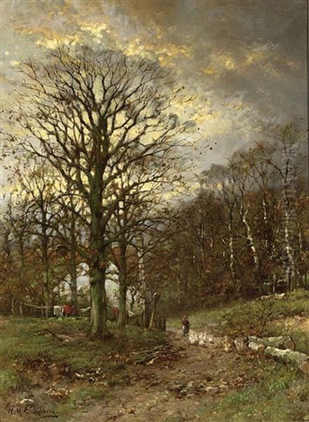 Autumn Landscape With A Farmhouse In The Distance Oil Painting by Willem Hendrick Eickelberg