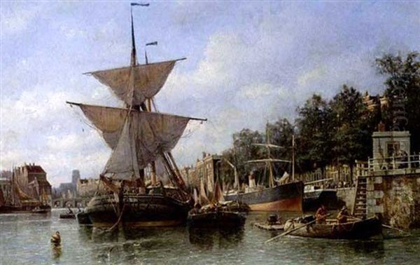 A Busy Canal Scene, Rotterdam Oil Painting by Willem Hendrick Eickelberg