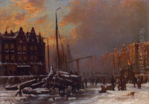 A Winter Scene In Amsterdam Oil Painting by Willem Hendrick Eickelberg