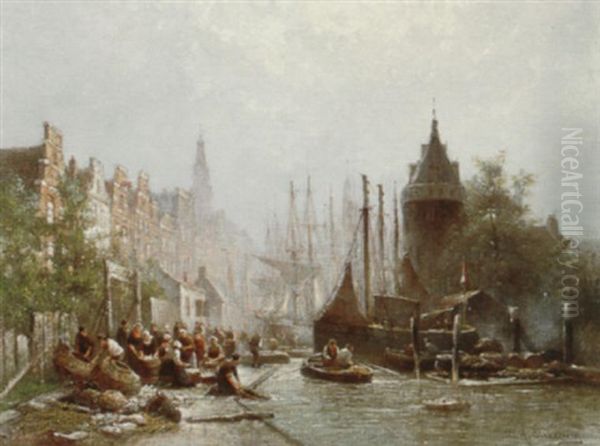 Busy Fisherfolk Oil Painting by Willem Hendrick Eickelberg