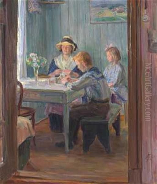 Familiehygge Oil Painting by August Eiebakke