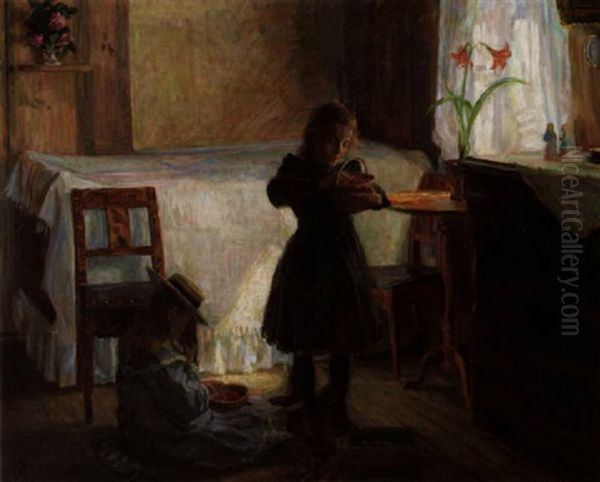 Piker I Interior Som Renser Baer Oil Painting by August Eiebakke