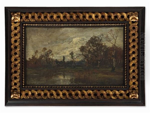 River Landscape In Autumn Oil Painting by Conrad Eilers