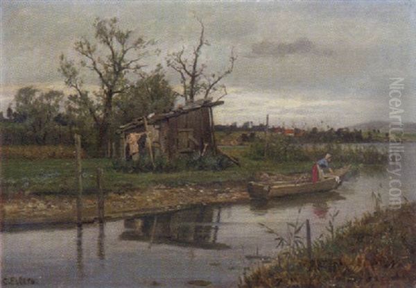 Wascherin Am Flusufer In Einem Kahn Oil Painting by Conrad Eilers