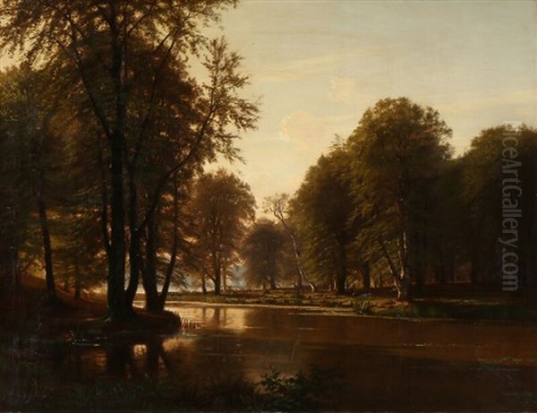 A Summer's Evening With Deer Grazing On The Lakeshore Oil Painting by Eiler Rasmussen Eilersen