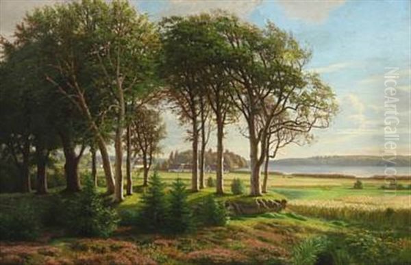 Summer Landscape With Farms At A Fiord Oil Painting by Eiler Rasmussen Eilersen