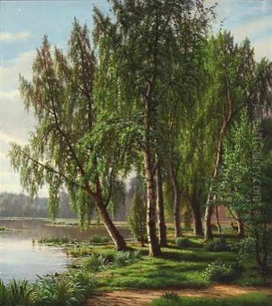 Forrest With A Lake And Dears Oil Painting by Eiler Rasmussen Eilersen