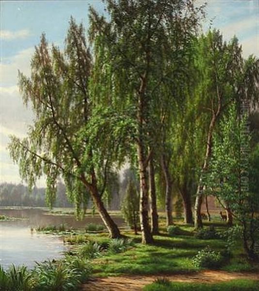 Forrest With A Lake And Deer Oil Painting by Eiler Rasmussen Eilersen