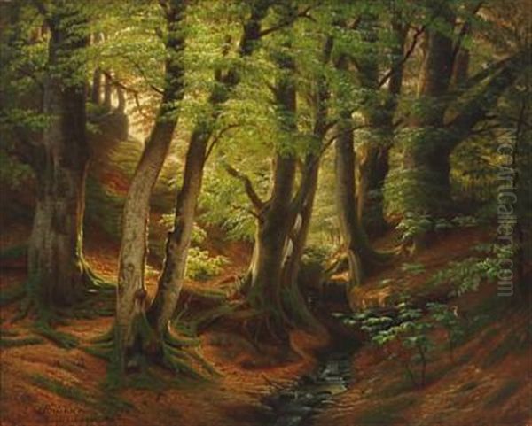 Spring Forest With A Minor Stream Oil Painting by Eiler Rasmussen Eilersen