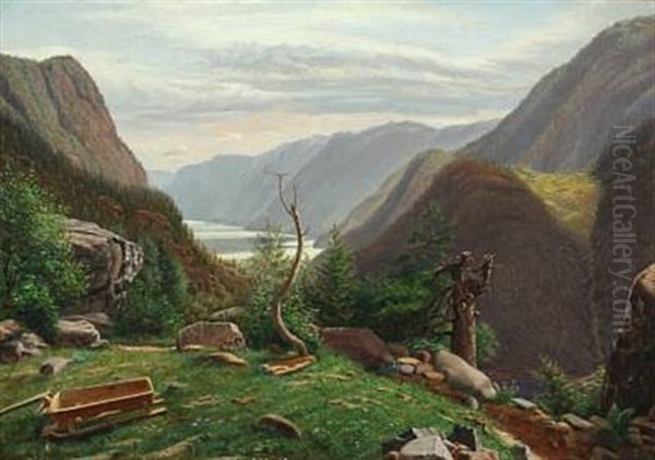 Mountain Scenery With A View Of The Sea Oil Painting by Eiler Rasmussen Eilersen