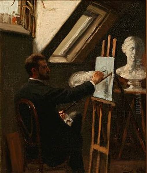 An Artist In His Studio (self-portrait?) Oil Painting by Eiler Rasmussen Eilersen