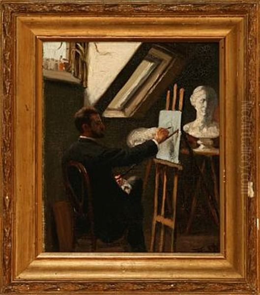 An Artist In His Studio, Presumably A Self-portrait Oil Painting by Eiler Rasmussen Eilersen