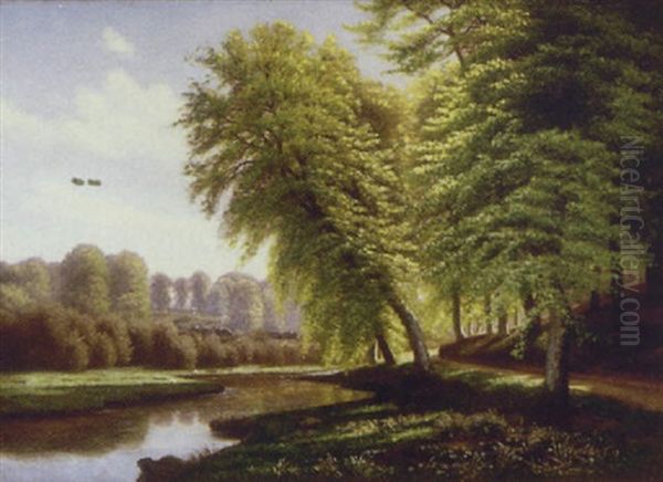 Alob Igennem Skov, Storke Ved Bredden Oil Painting by Eiler Rasmussen Eilersen