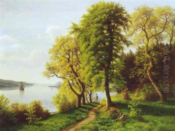 Skovparti Med Personer Ved En Fjord Med Sejlskibe Oil Painting by Eiler Rasmussen Eilersen