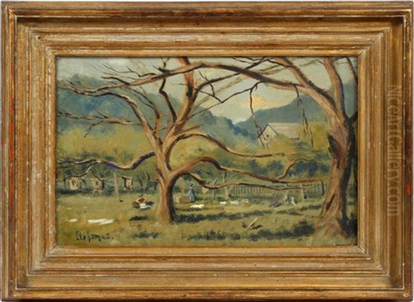 Woman Hanging Out Wash With Trees In Foreground And Rustic Building In Background Oil Painting by Louis Michel Eilshemius