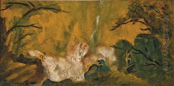 Three Nudes By A Waterfall Oil Painting by Louis Michel Eilshemius