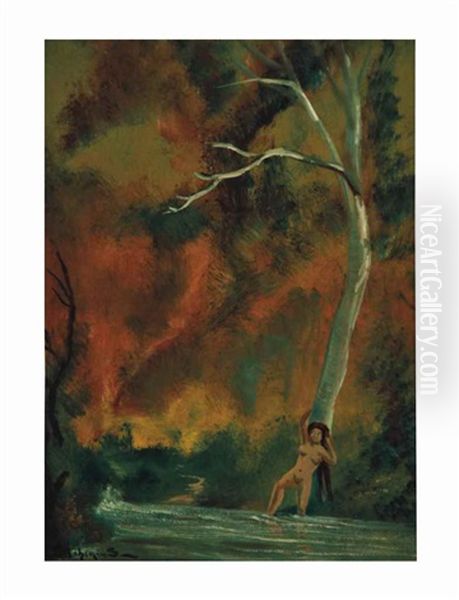 Nude Reclining Against A Tree In A Stream Oil Painting by Louis Michel Eilshemius