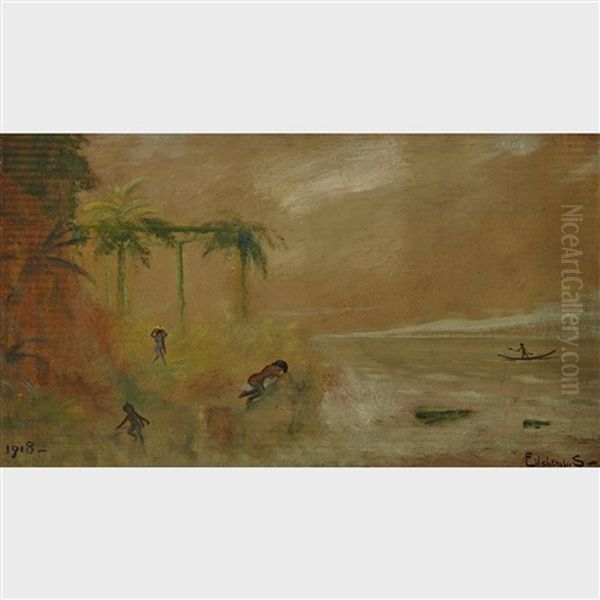 Nude Bathers And Boatman In A South Sea Beach Oil Painting by Louis Michel Eilshemius