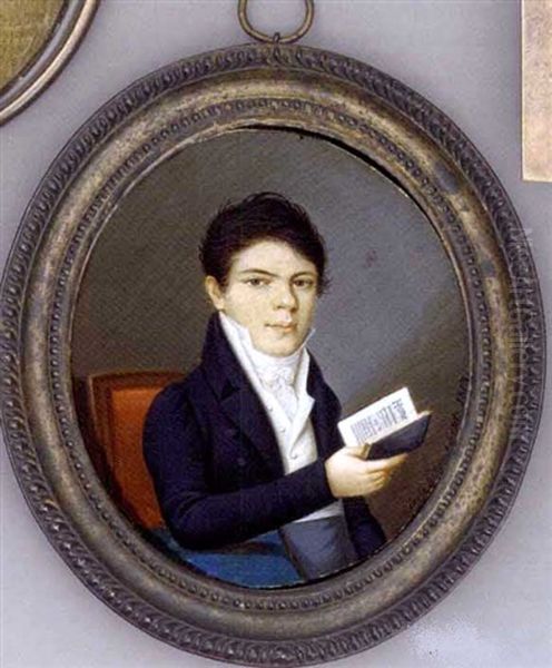 A Young Boy With An Open Book In His Right Hand With His Elbow Resting On A Blue Covered Table, Seated In A Red Upholstered Chair, In Dark Blue Coat, Grey Trousers, White Waistcoat And Frilled Cravat Oil Painting by Joseph Bernhard Einsle